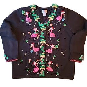 Berek Black Tropical Pink Flamingo🦩 Christmas Santa Sweater
